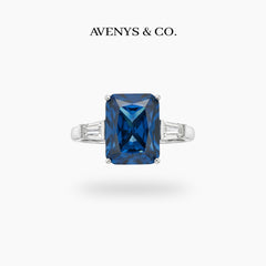 Radiant Trilogy Ring with Blue Radiant Stone – on White Gold