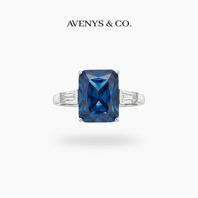 Radiant Trilogy Ring with Blue Radiant Stone – on White Gold