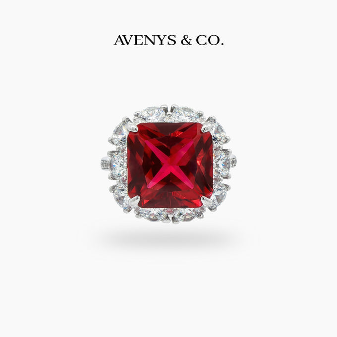 Princess Halo Ring with Red Princess Stone – on White Gold