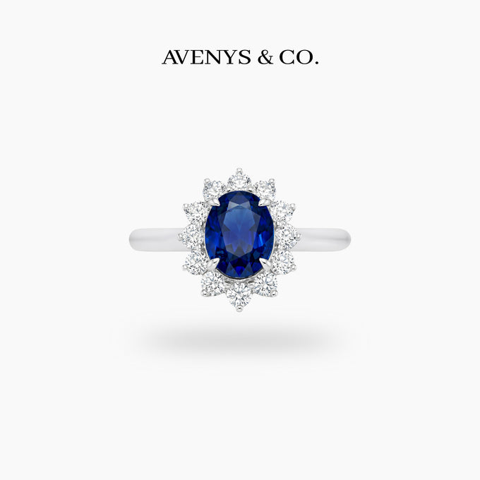 Classic Halo Ring with Blue Oval Stone – on White Gold