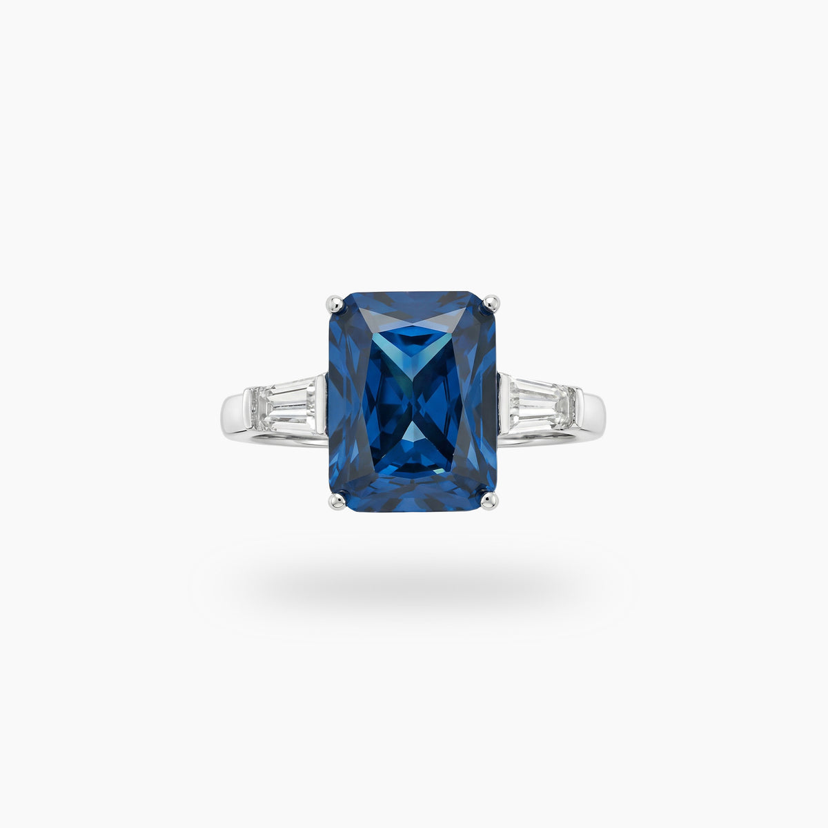 Radiant Trilogy Ring with Blue Radiant Stone – on White Gold