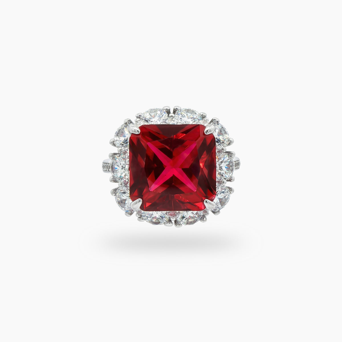 Princess Halo Ring with Red Princess Stone – on White Gold