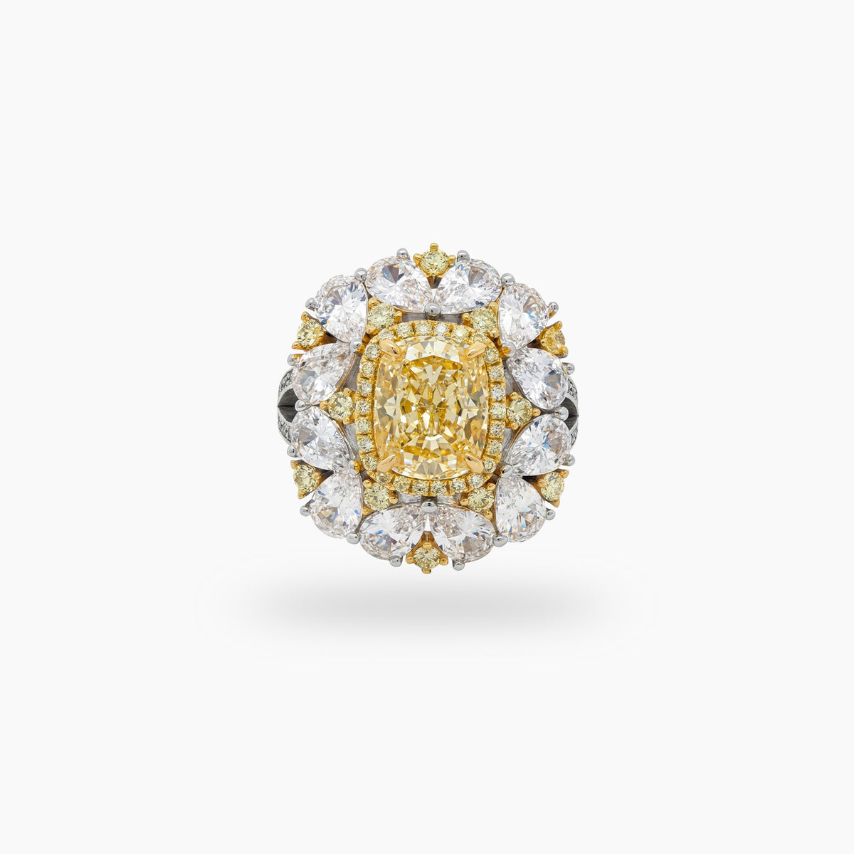 Royal Flower Halo Ring with Yellow Cushion Stone – on White Gold