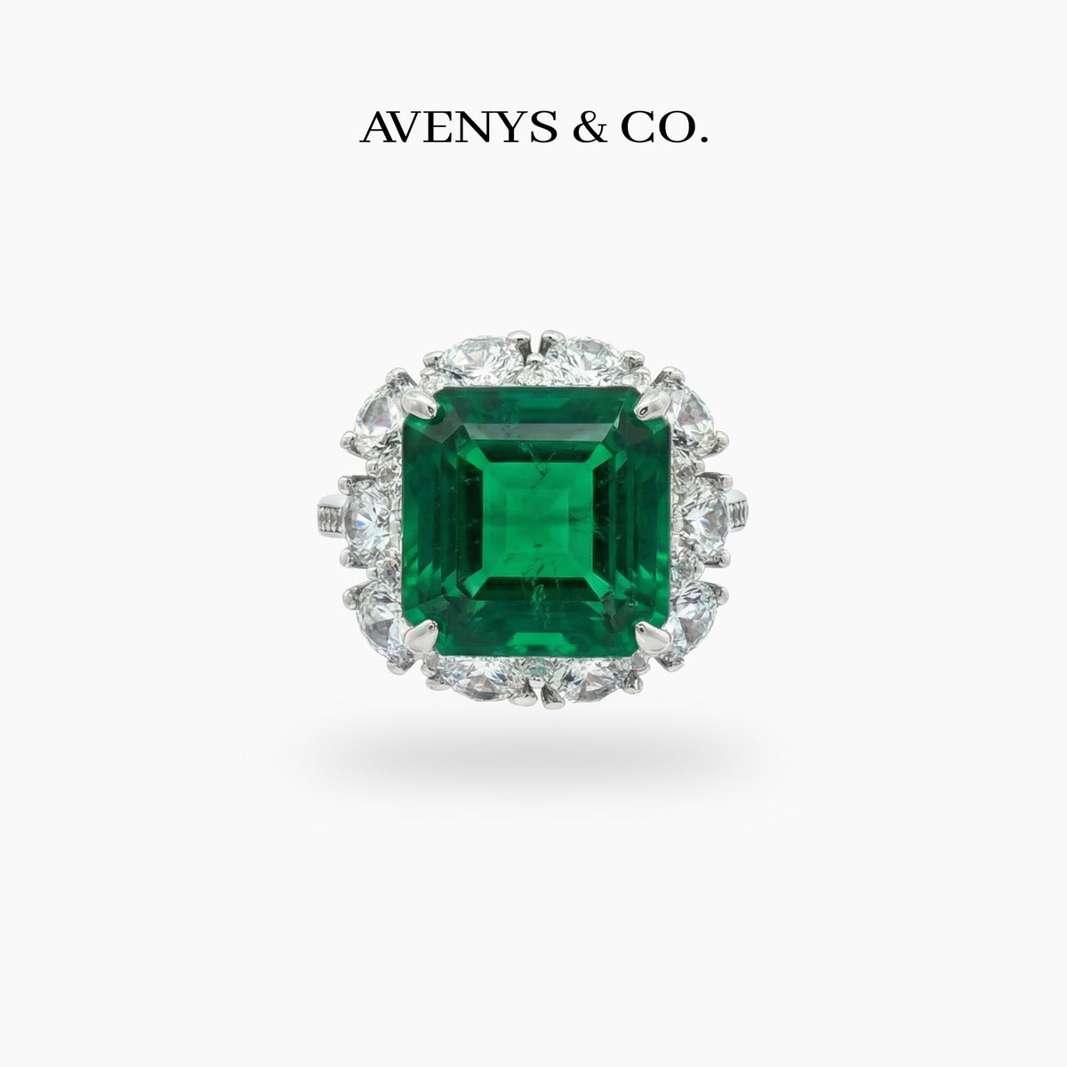 Princess Halo Ring with Green Princess Stone – on White Gold