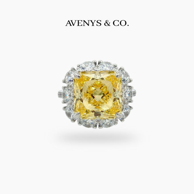Princess Halo Ring with Yellow Princess Stone – on White Gold