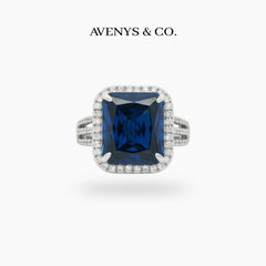 Triple Shank Radiant Ring with Blue Radiant Stone – on White Gold