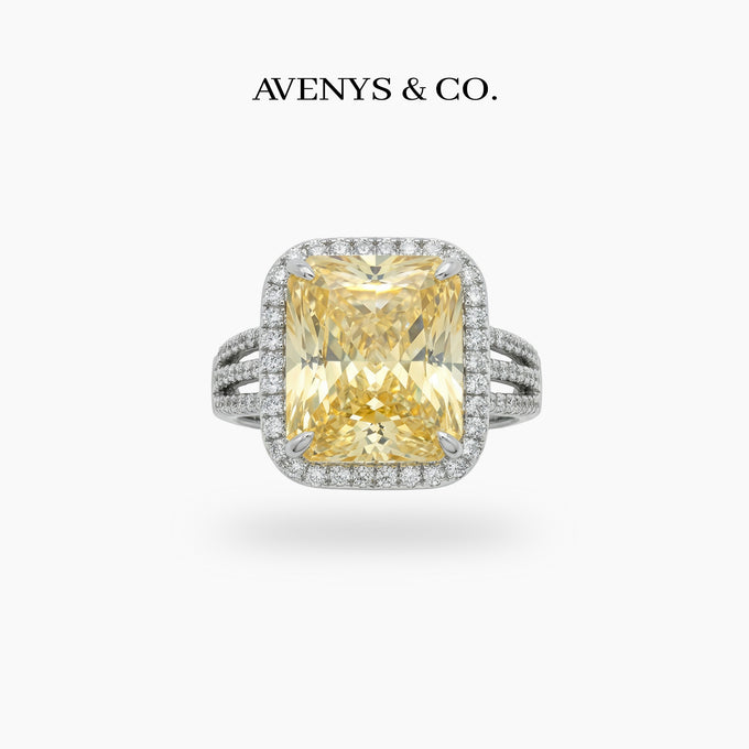 Triple Shank Radiant Ring with Yellow Radiant Stone – on White Gold