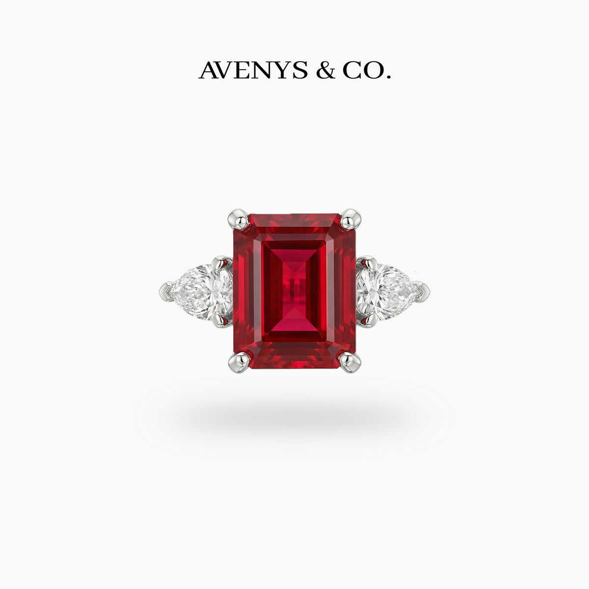 Emerald Pear Trilogy Ring with Red Emerald Stone – on White Gold