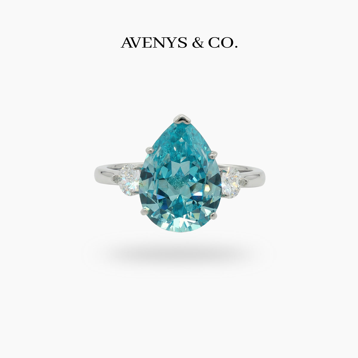 Pear Trilogy Ring with Aquamarine Pear Stone – on White Gold
