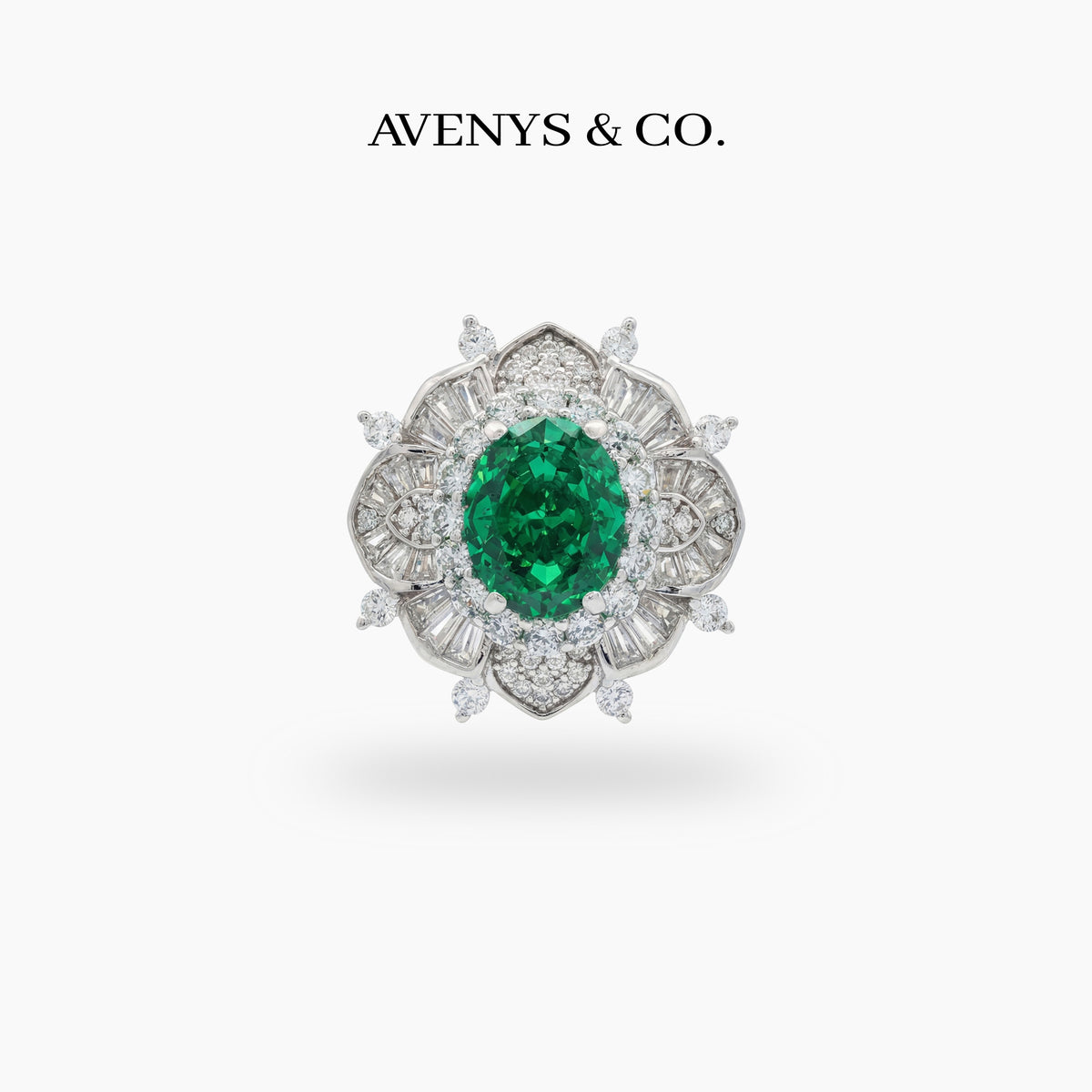 Bloom Burst Ring with Green Oval Stone – on White Gold