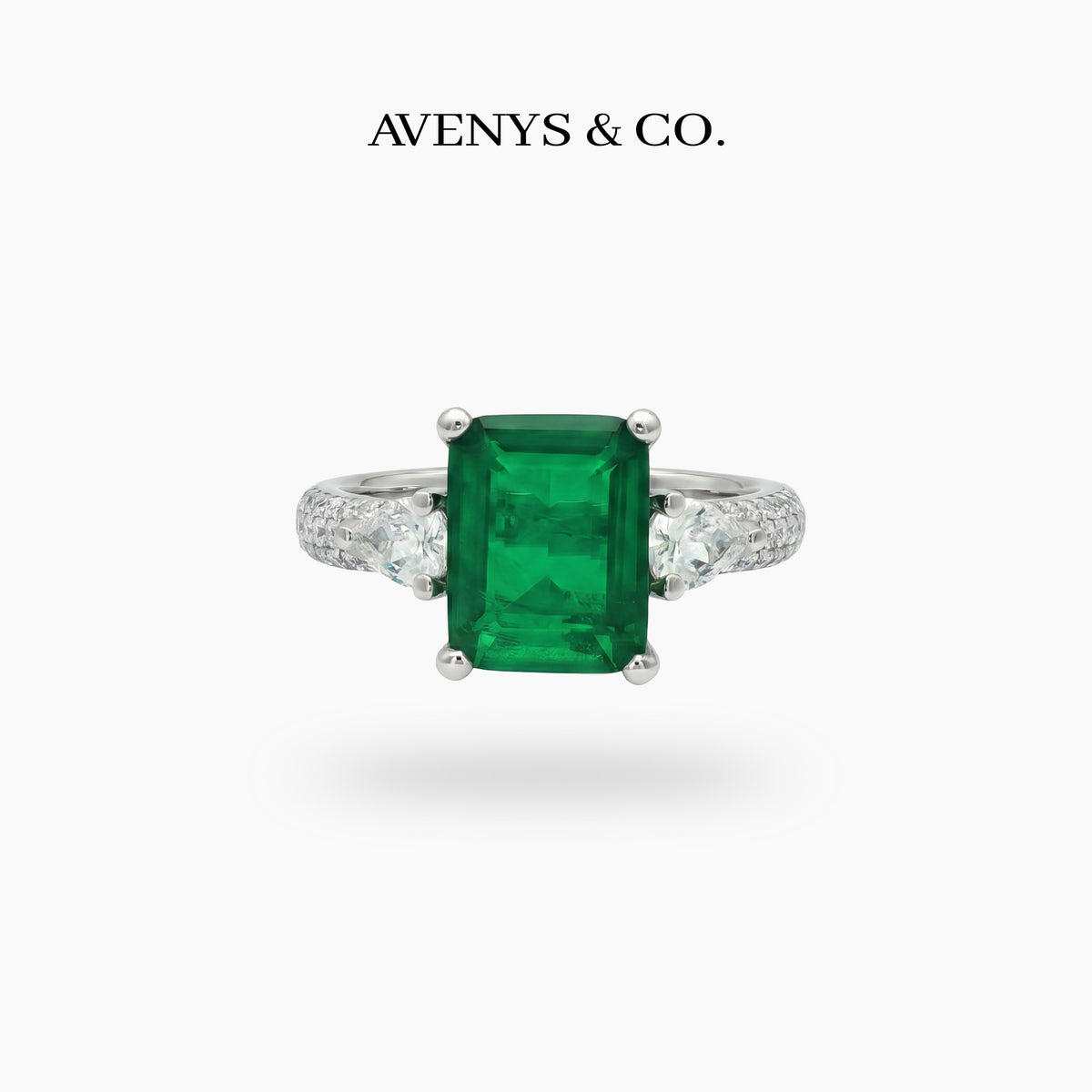 Emerald Pear Trilogy Ring with Green Emerald Stone – on White Gold