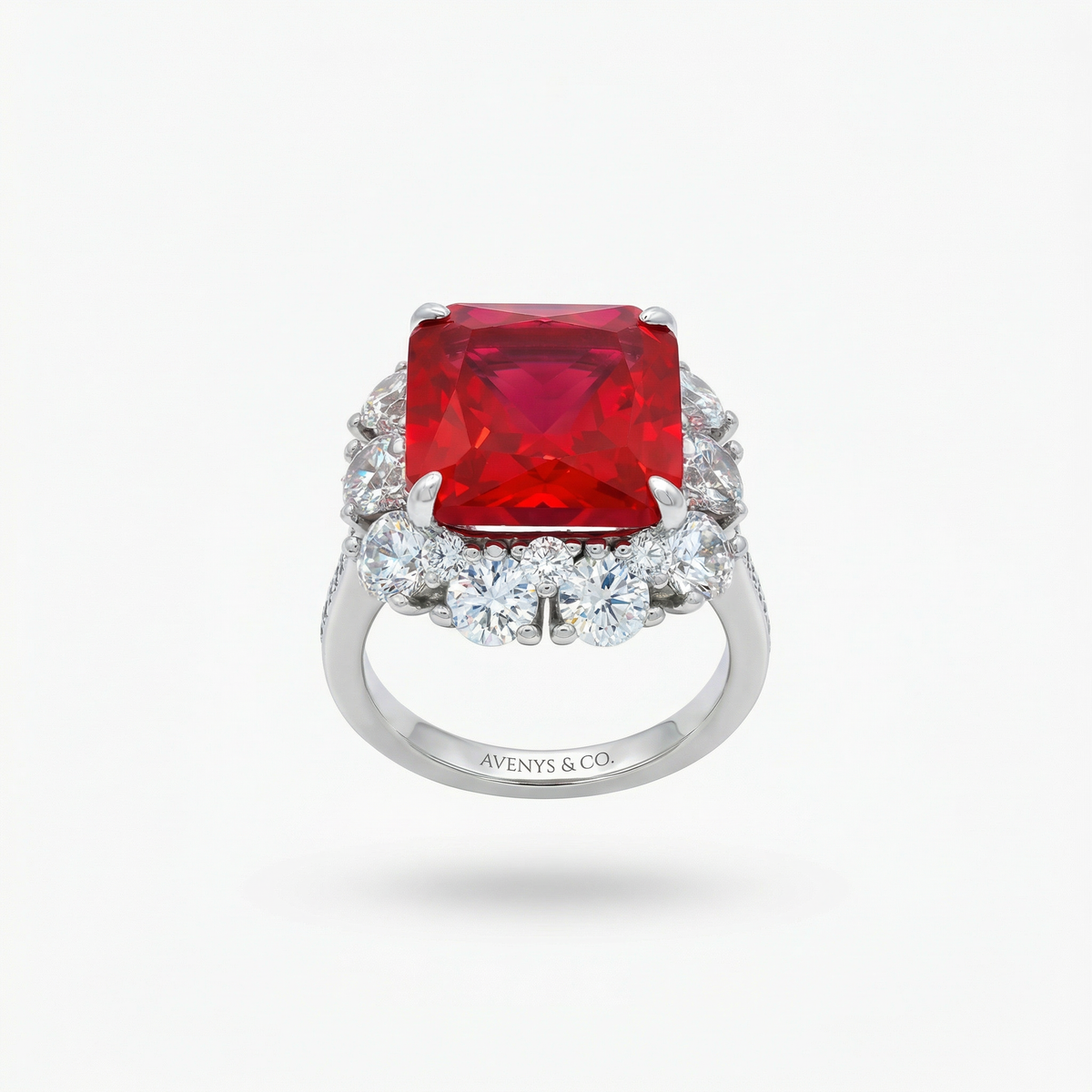 Princess Halo Ring with Red Princess Stone – on White Gold