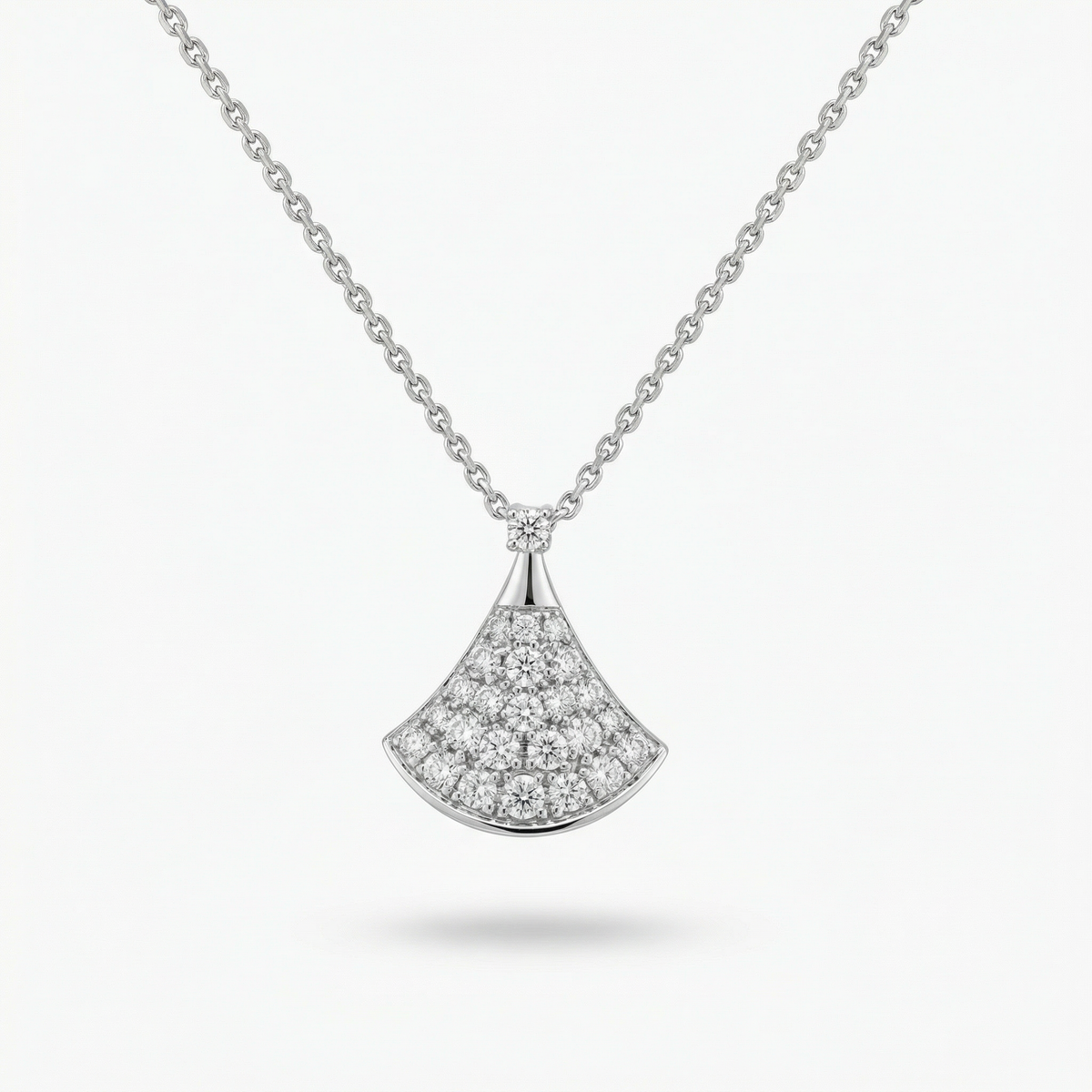 Fan Pave Necklace with White Round Stone – on White Gold