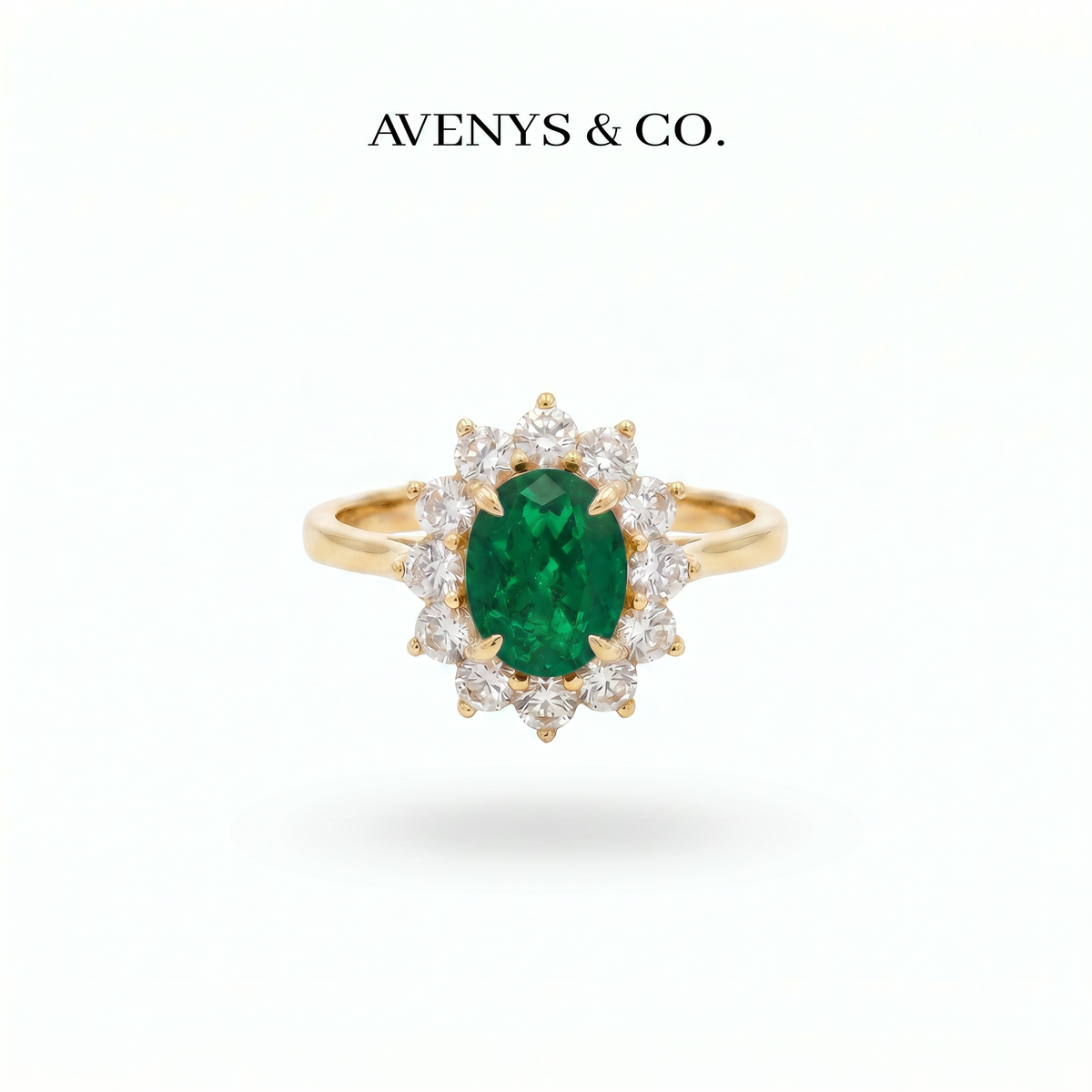 Classic Halo Ring with Green Oval Stone – on Yellow Gold