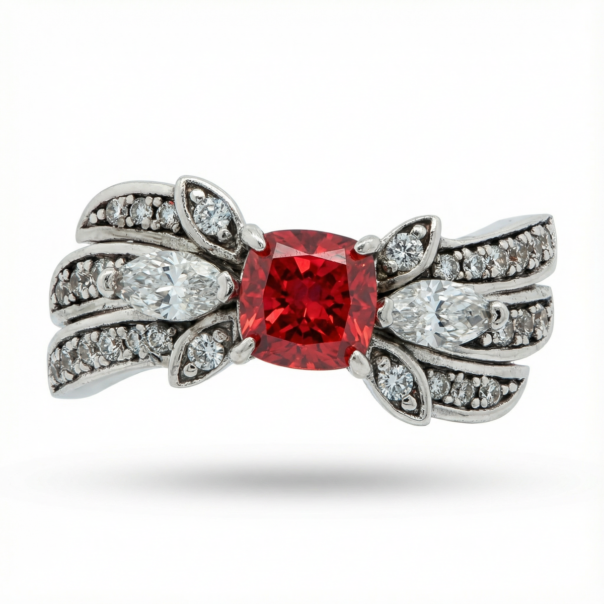 Red Wings Ring with Red Cushion Stone – on White Gold