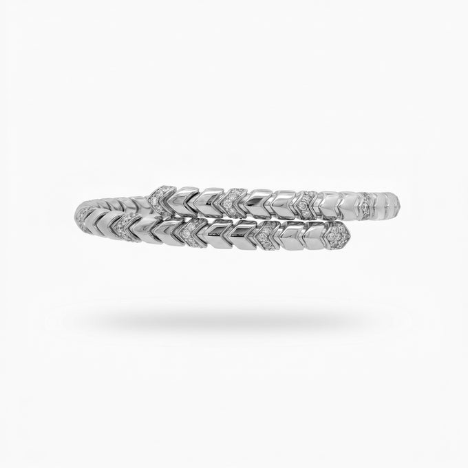 Chevron  Bangle with White Round Stone – on White Gold