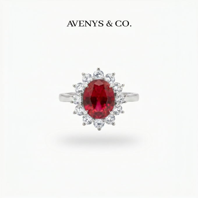 Classic Halo Ring with Red Oval Stone – on White Gold