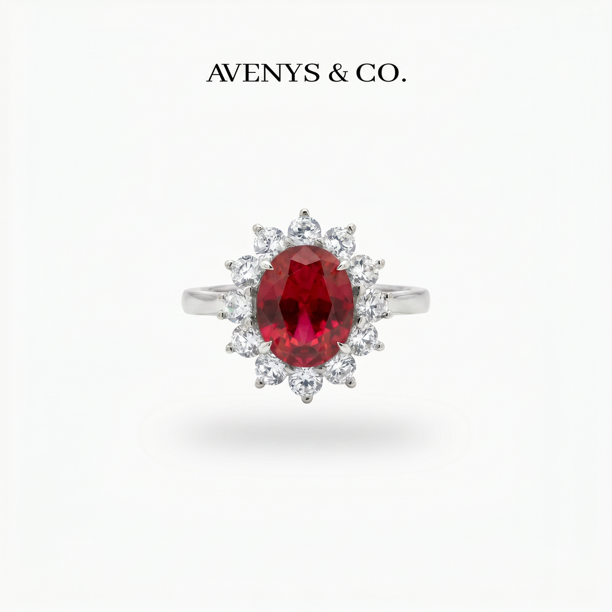 Classic Halo Ring with Red Oval Stone – on White Gold
