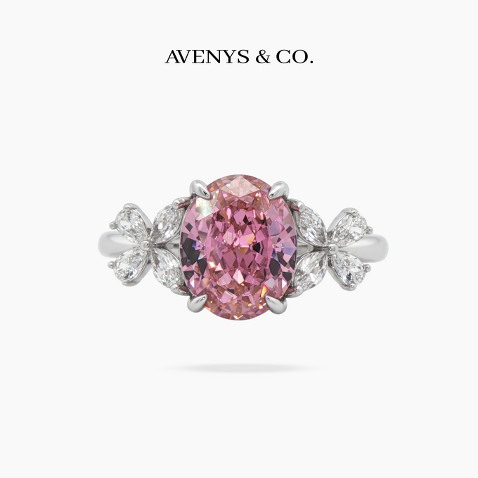 Pink Oval Flower Ring with Pink Oval Stone – on White Gold