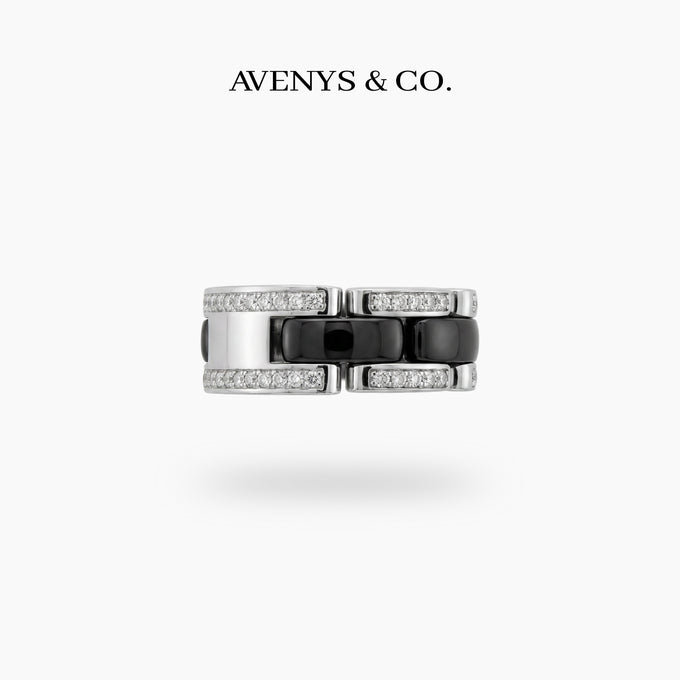 Connected Ring with Black Round Stone – on White Gold