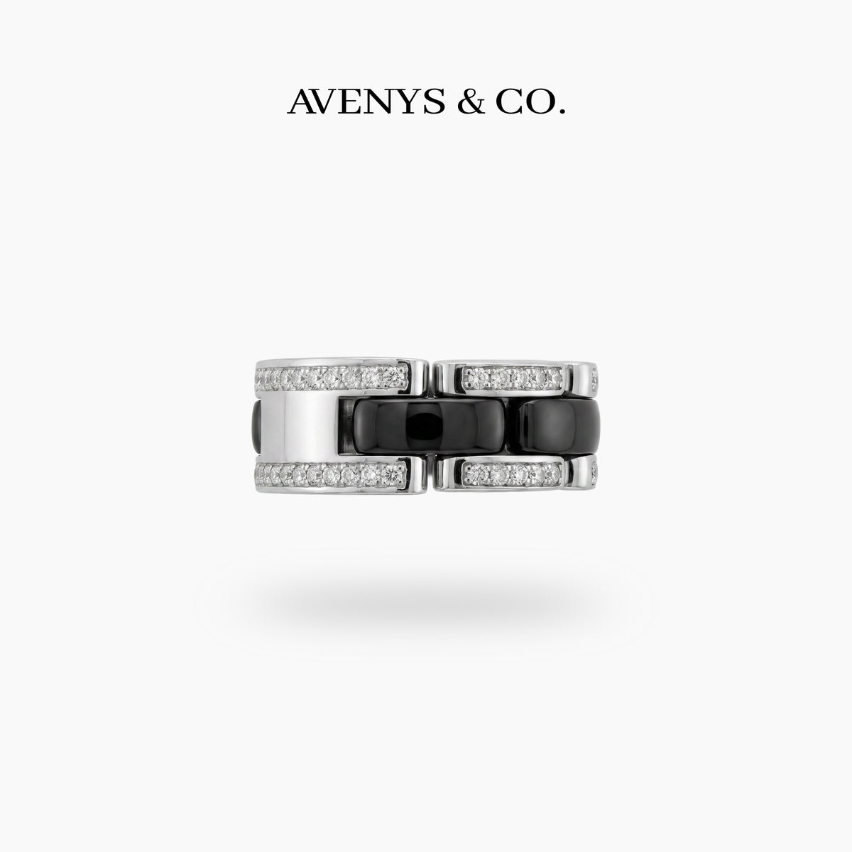 Connected Ring with Black Round Stone – on White Gold