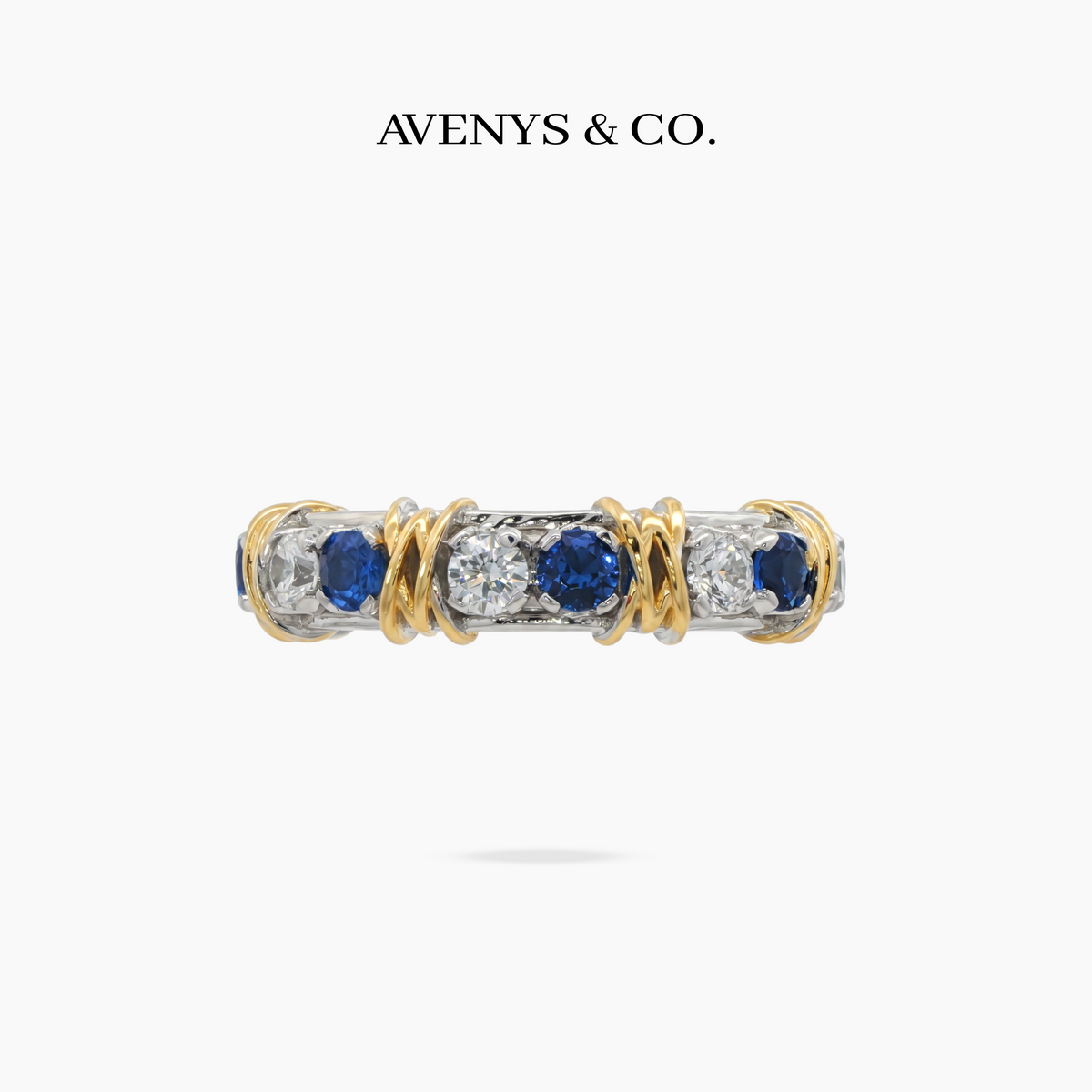 AV Signature Ring Womens with Blue Round Stone – on White Gold
