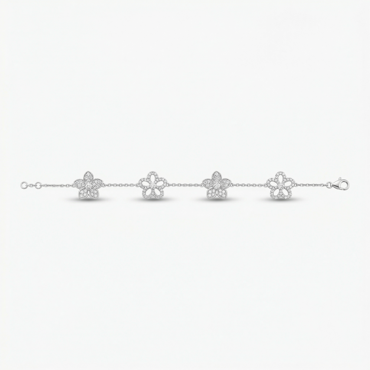 Flower Motif Chain Bracelet with White Round Stone – on White Gold