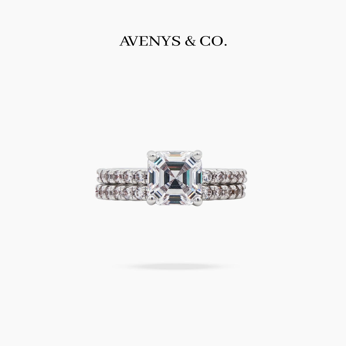 AV Dua™ Asscher Ring Set with White Asscher Stone – on White Gold