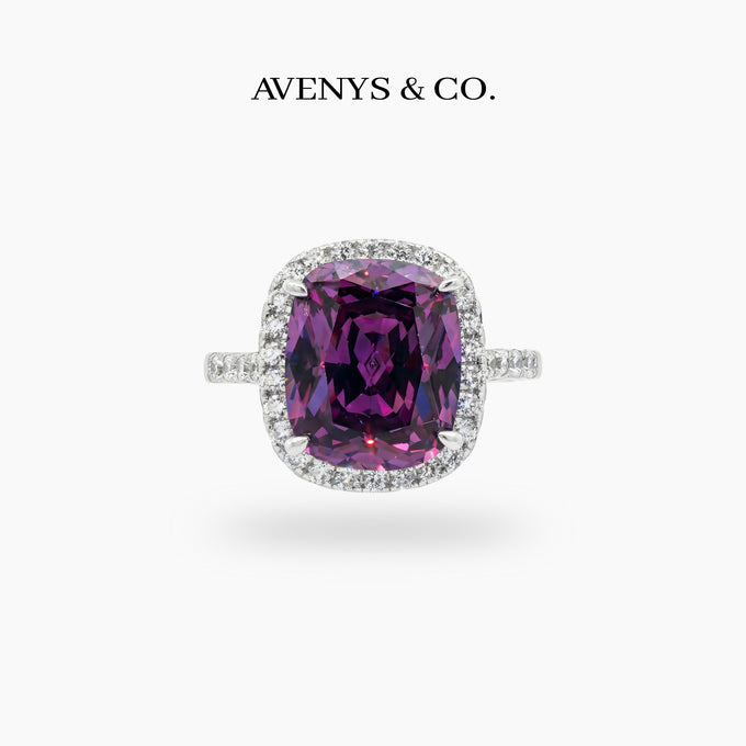Amethyst Halo Ring with Purple Cushion Stone – on White Gold