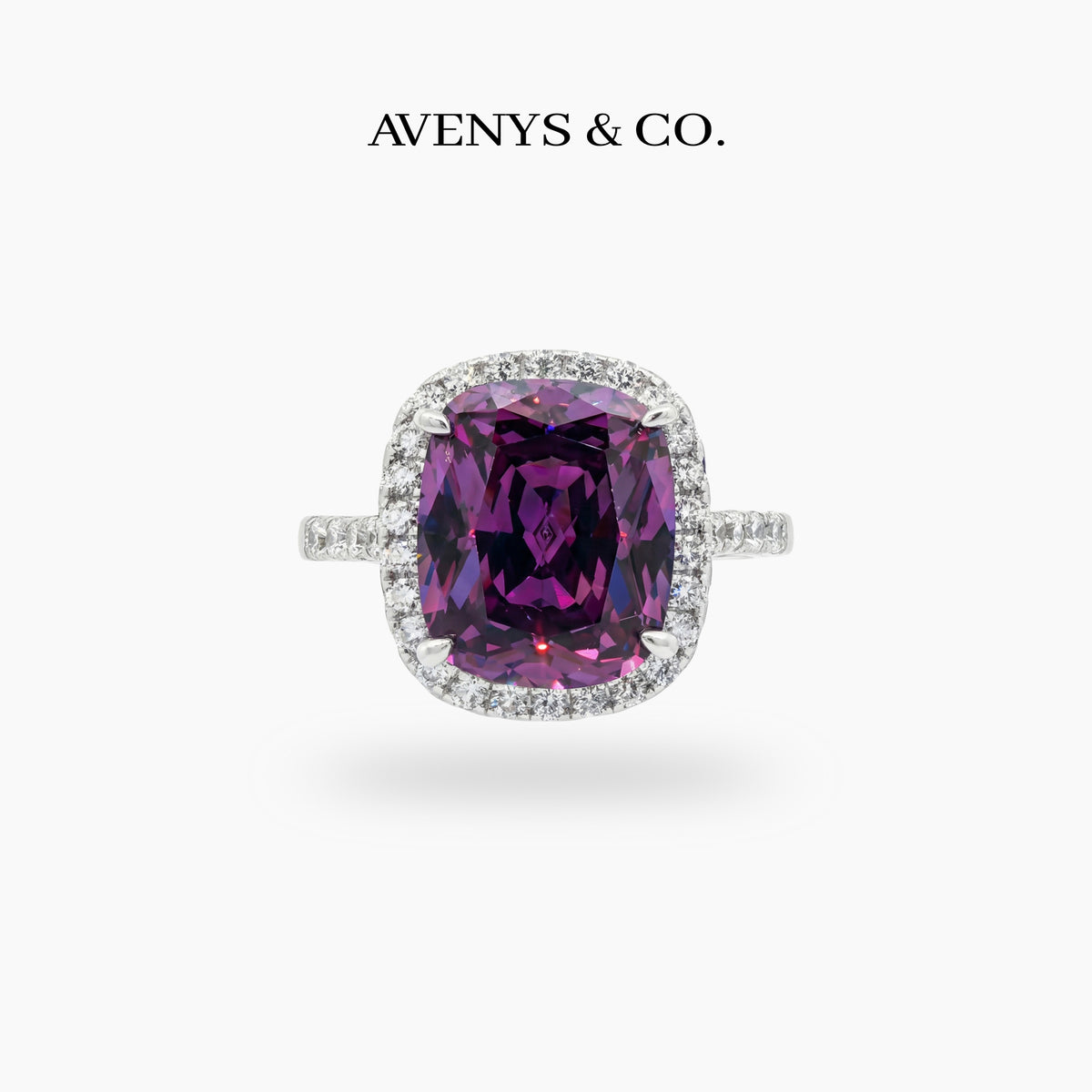 Amethyst Halo Ring with Purple Cushion Stone – on White Gold