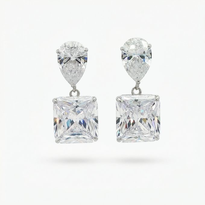 Square Radiant Earrings with White Radiant Stone – on White Gold