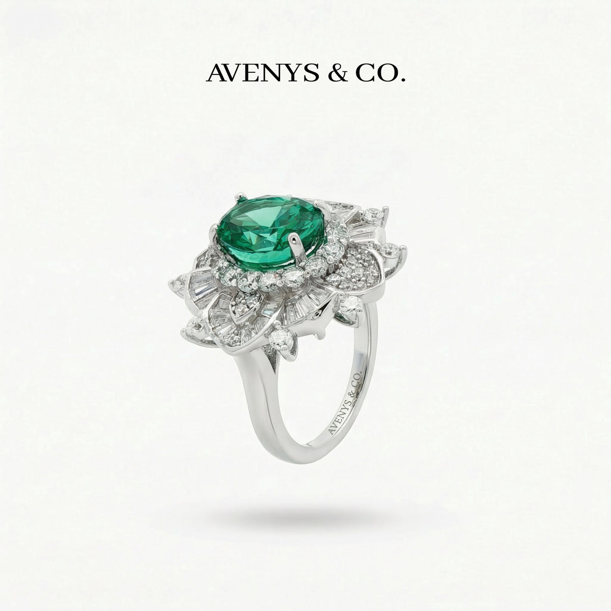 Bloom Burst Ring with Green Oval Stone – on White Gold