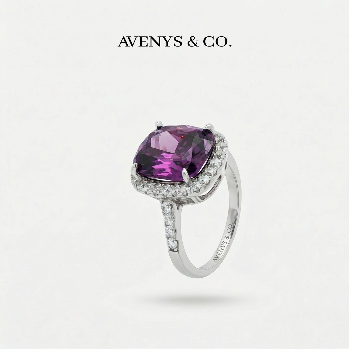Amethyst Halo Ring with Purple Cushion Stone – on White Gold
