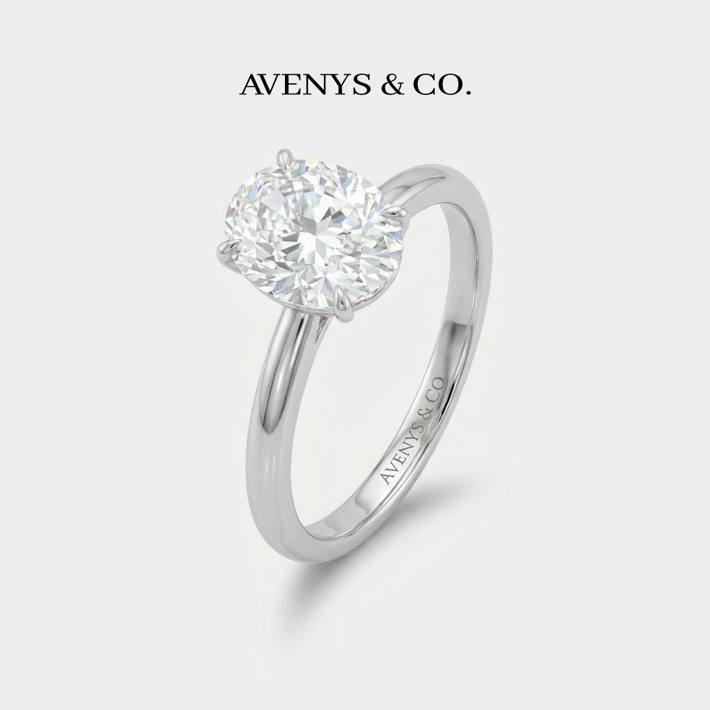 Oval Solitaire Ring with White Oval Stone – on White Gold
