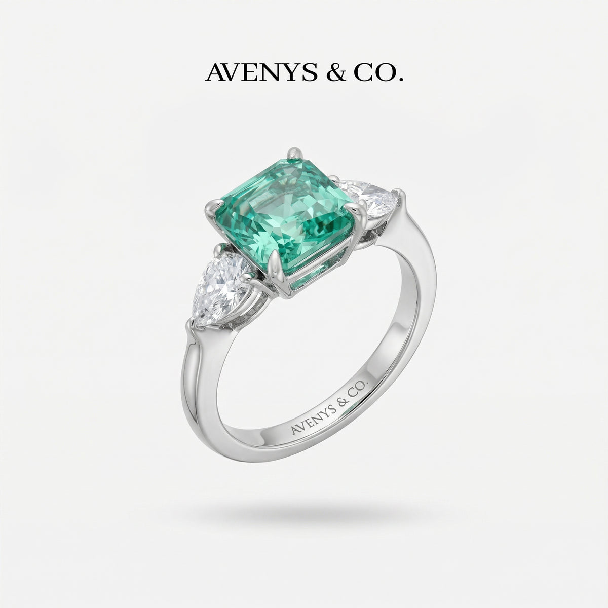 Sea Trilogy Ring with Green Pear Stone – on White Gold