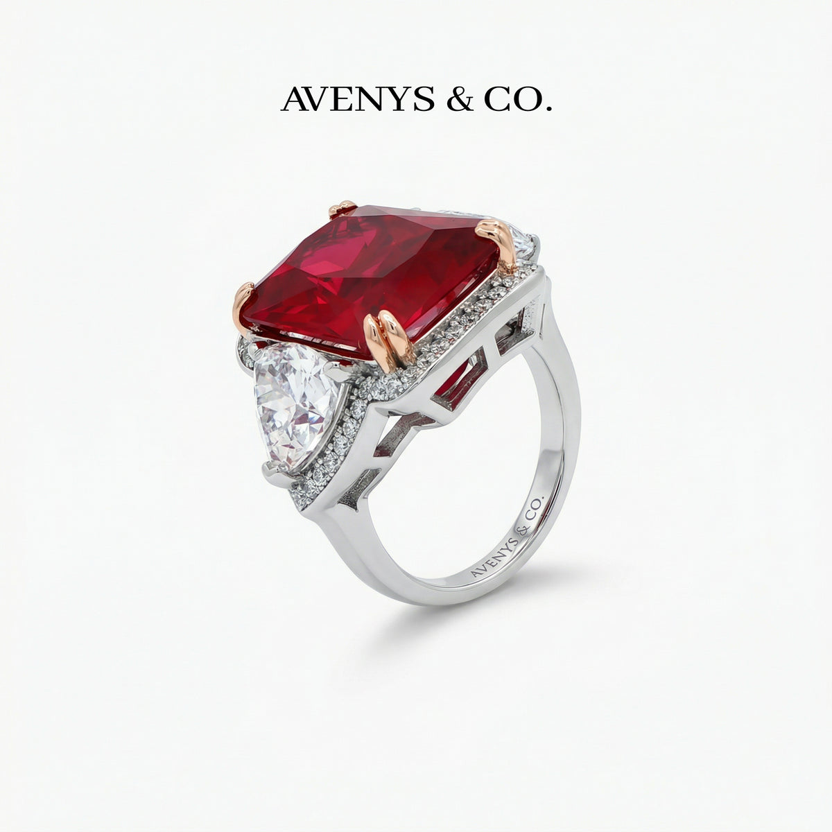 Queens Radiant Ring with Red Radiant Stone – on White Gold
