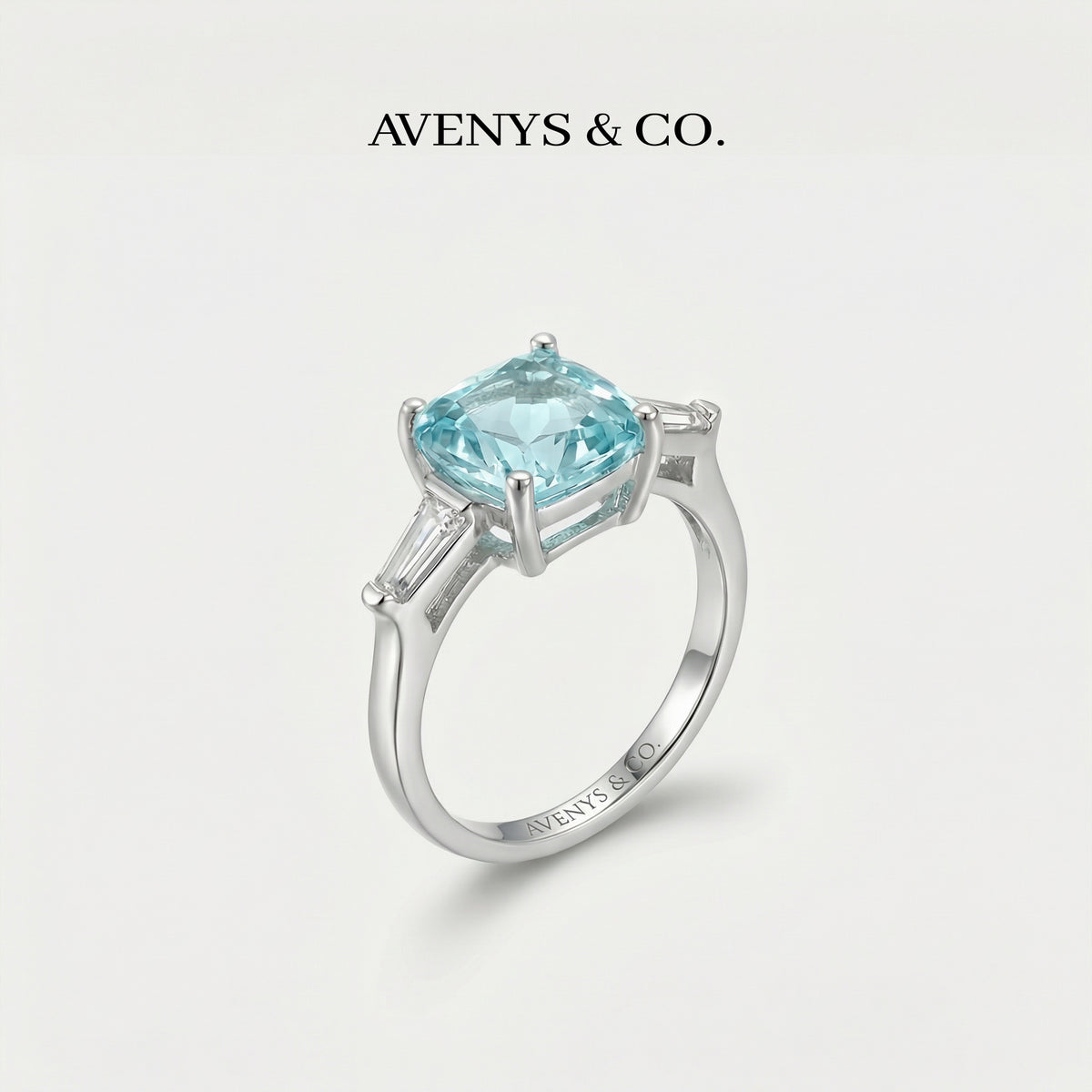 Princess Trilogy Ring with Aquamarine Princess Stone – on White Gold
