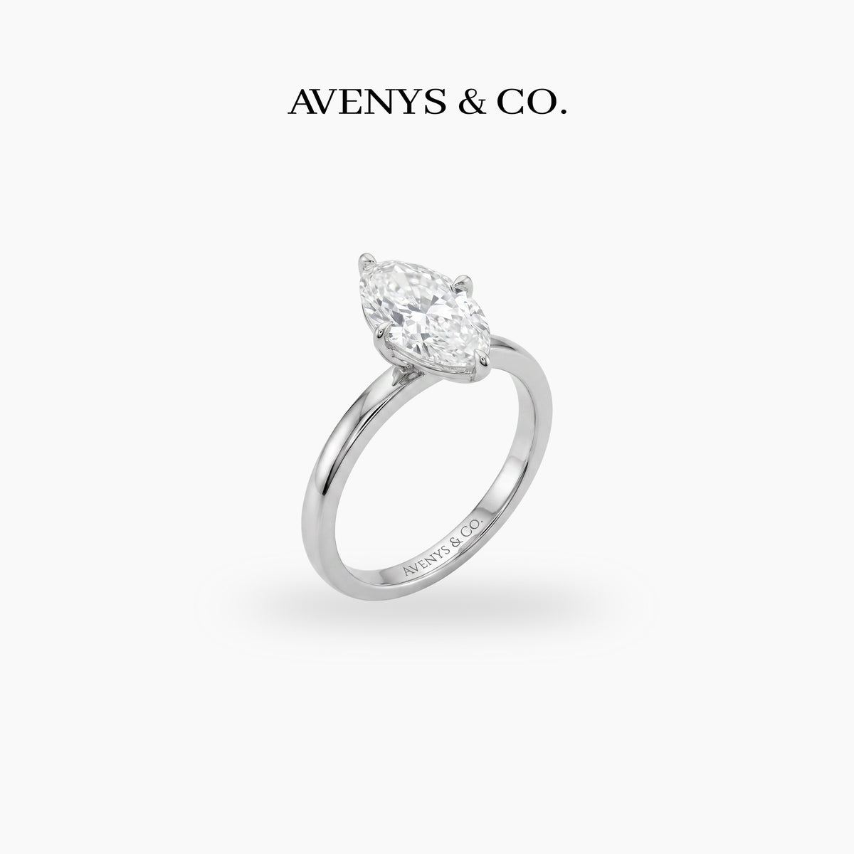 Marquis Solitaire Ring with White Marquise Stone – on White Gold