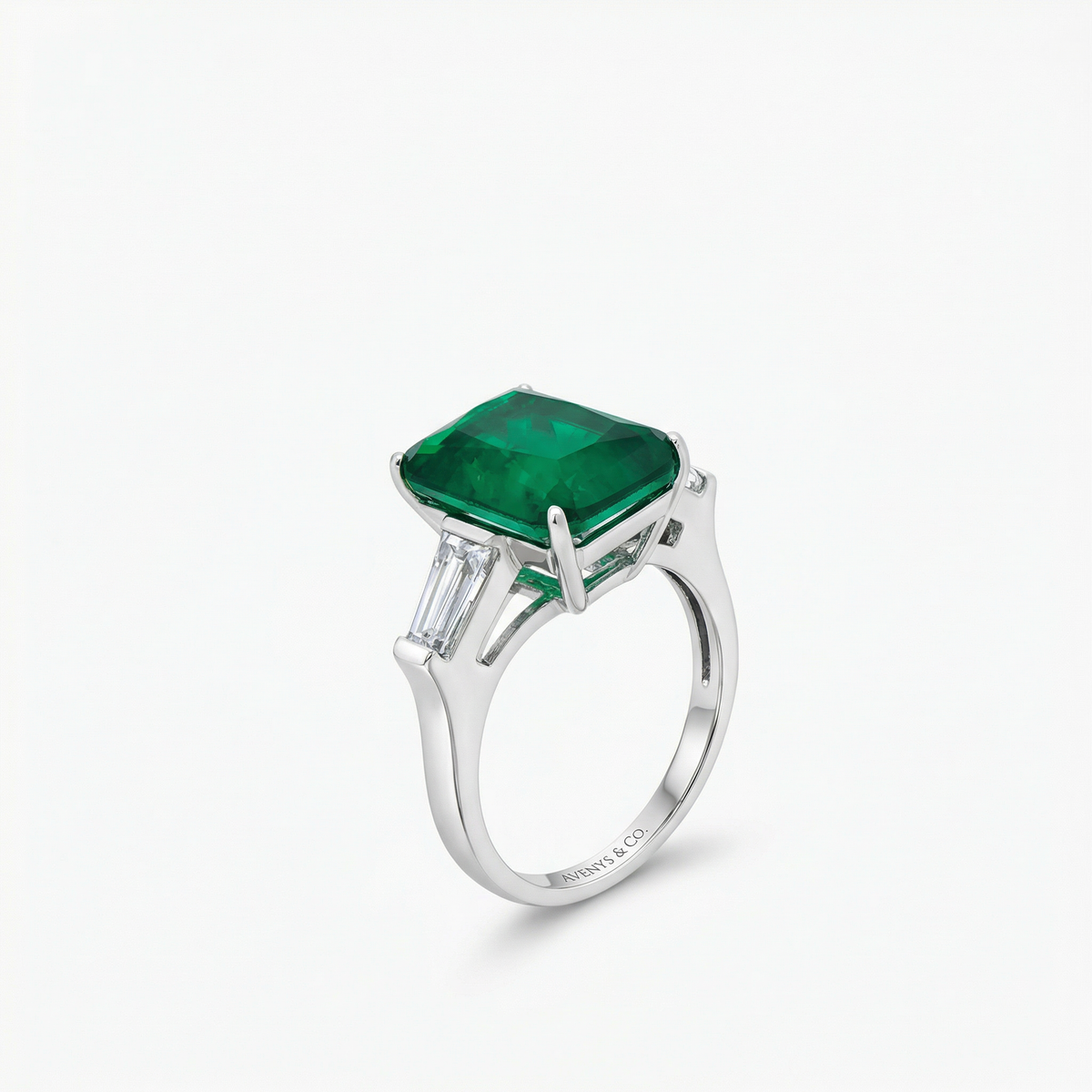 Radiant Trilogy Ring with Green Radiant Stone – on White Gold