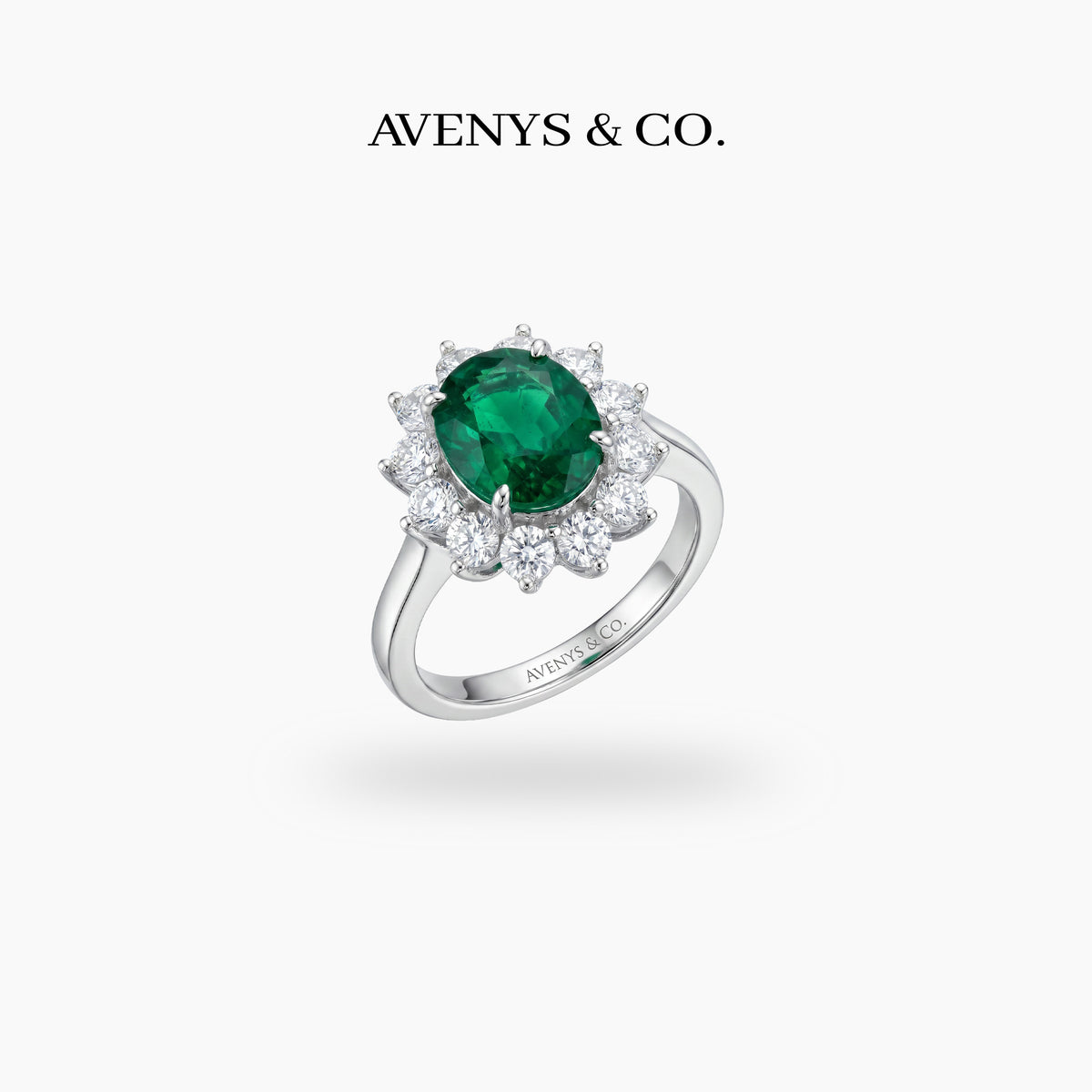 Classic Halo Ring with Green Oval Stone – on White Gold
