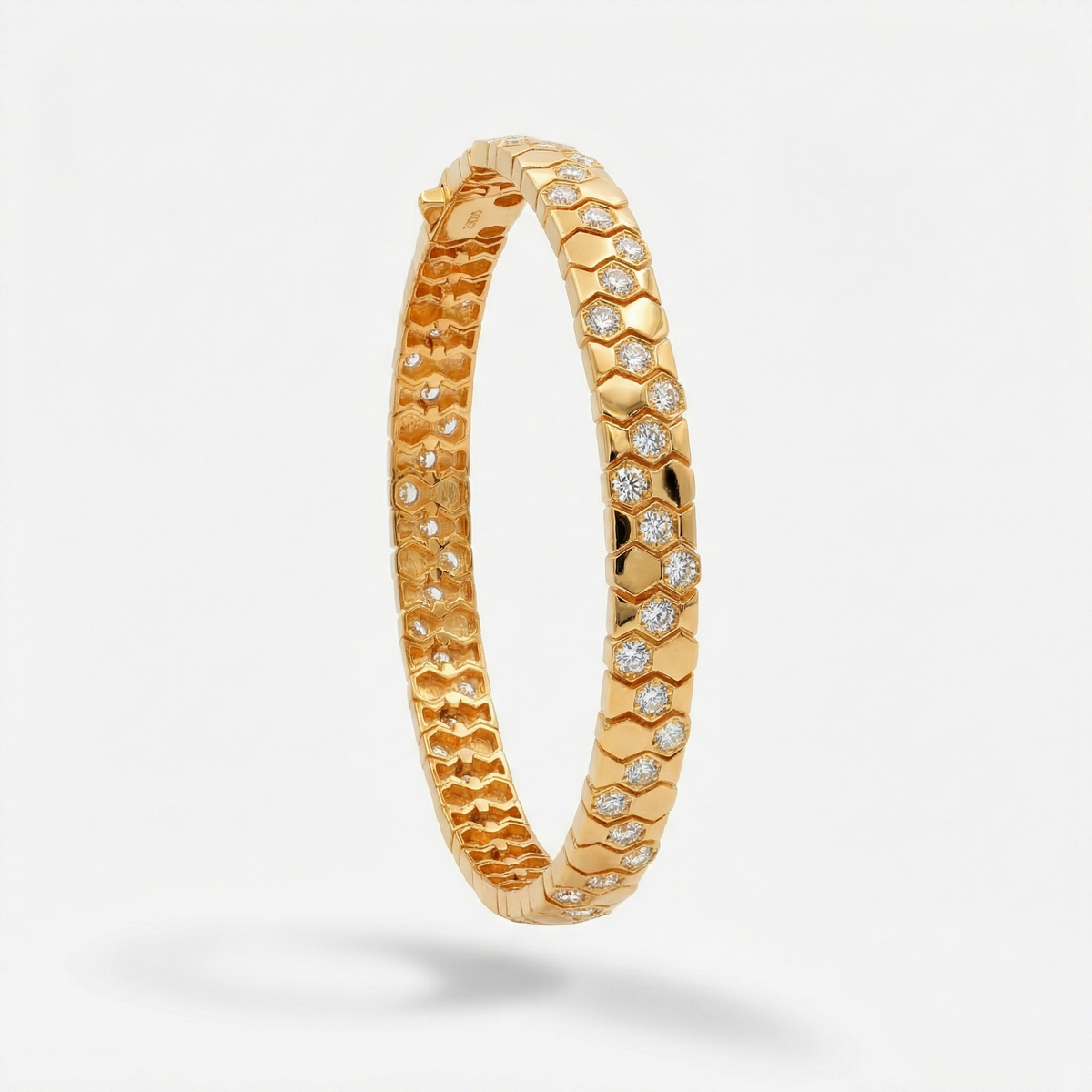 Honeycomb Wide Bracelet with White Round Stone – on Yellow Gold