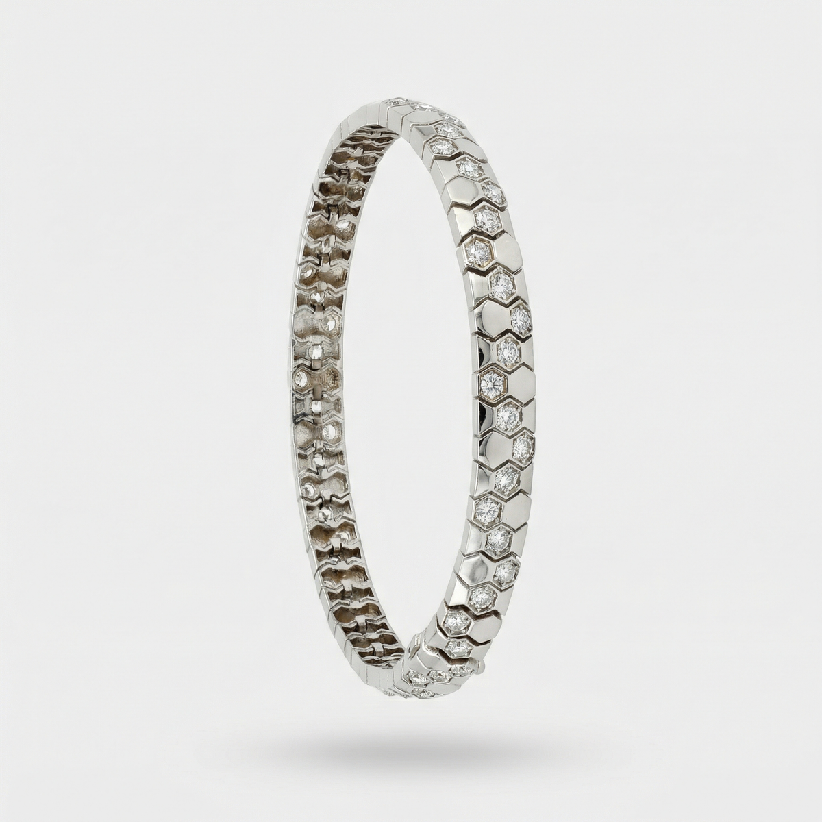 Honeycomb Wide Bracelet with White Round Stone – on White Gold