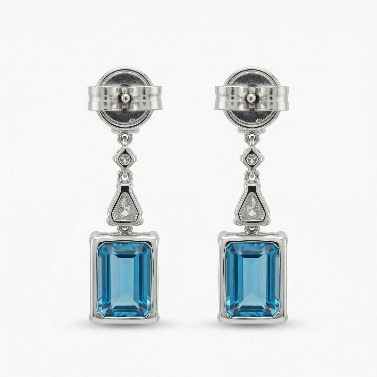 Radiant Drop Earrings with Blue Radiant Stone – on White Gold