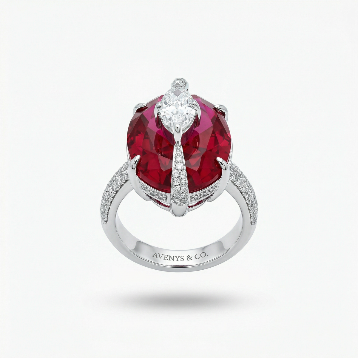 Embrace Queens Ring with Red Oval Stone – on White Gold