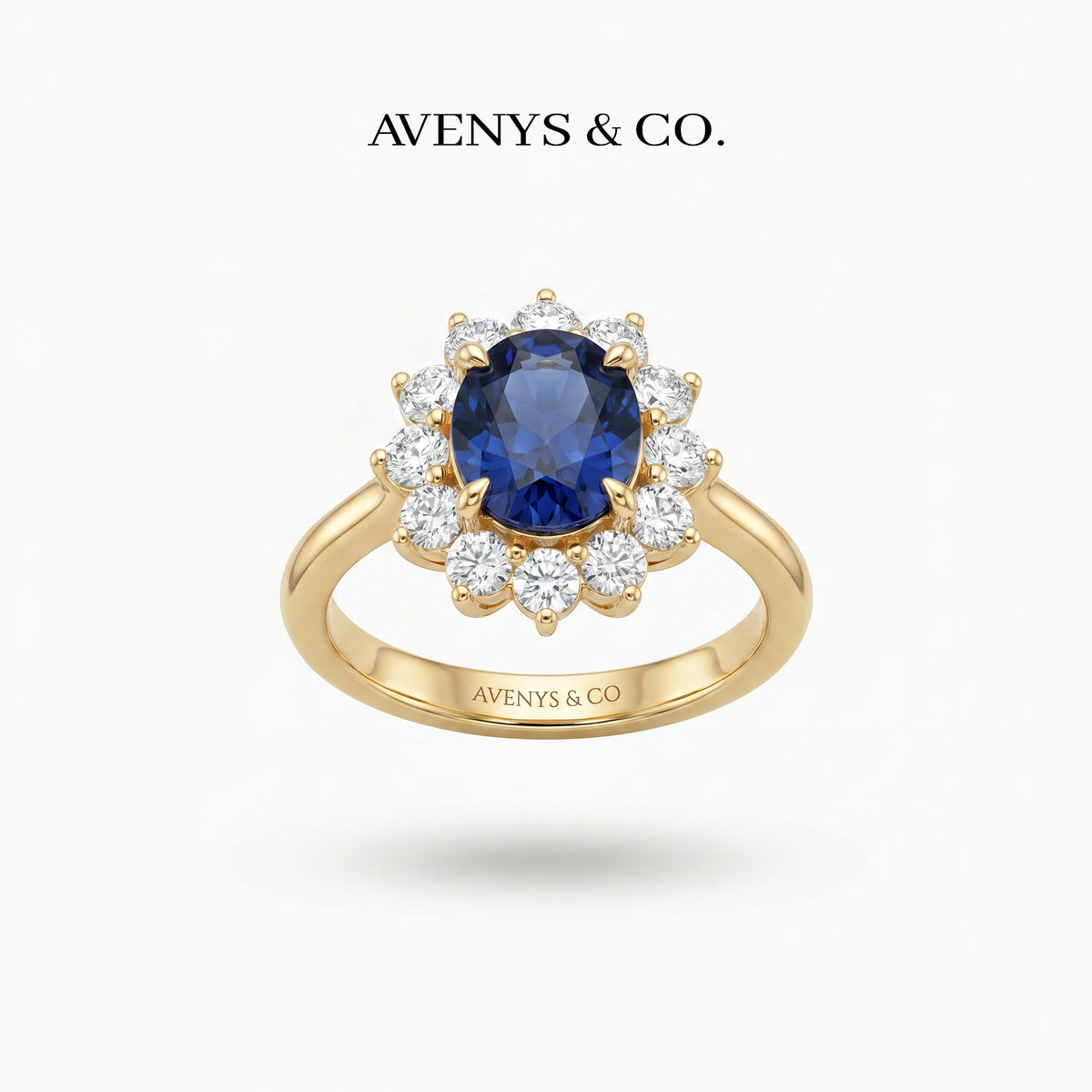 Classic Halo Ring with Blue Oval Stone – on Yellow Gold