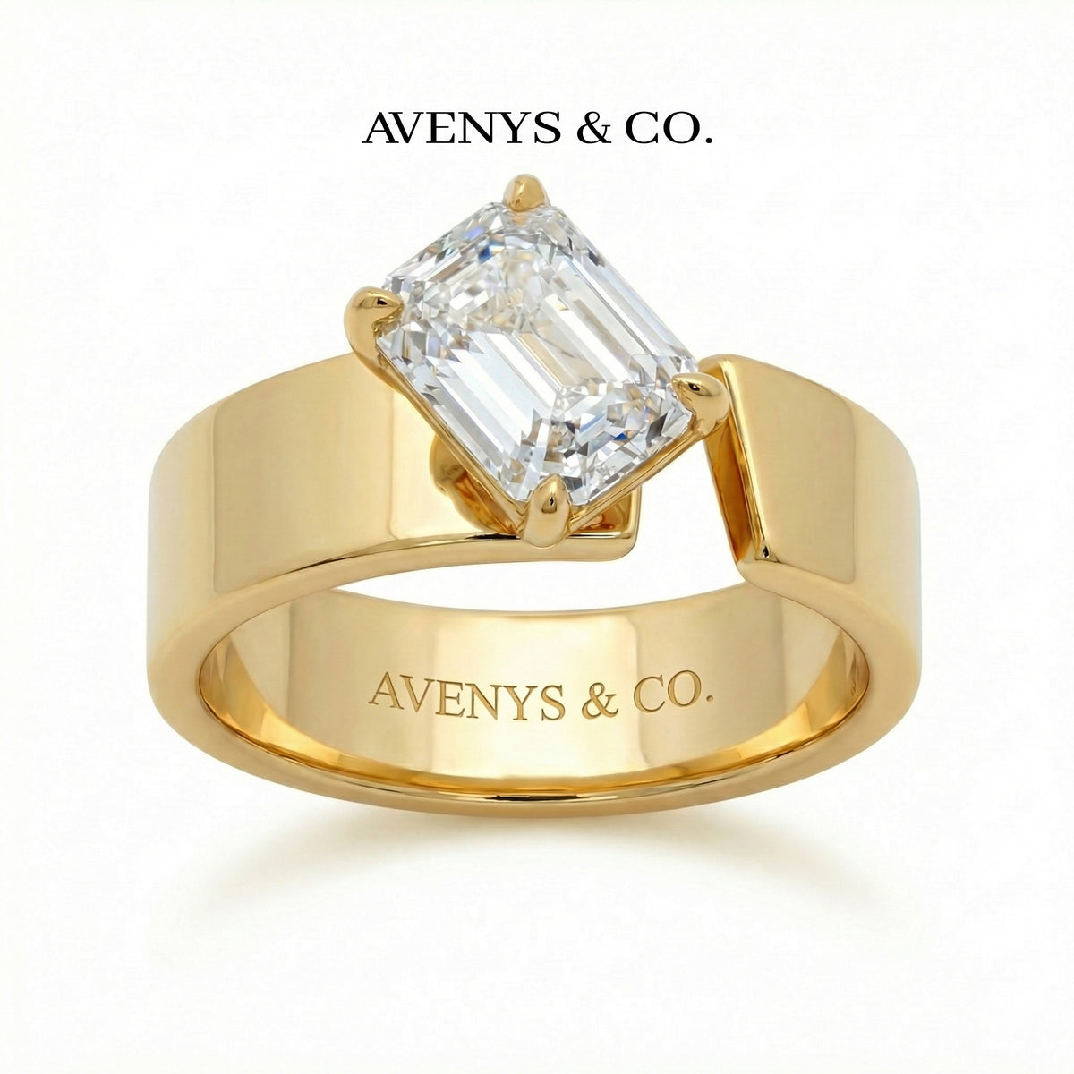 Tilt Cuff Solitaire Ring with White Emerald Stone – on Yellow Gold