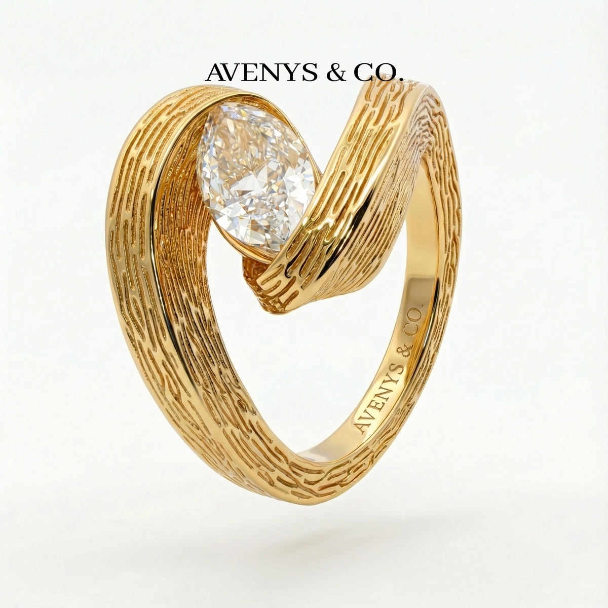 Bypass Terra Ring with White Marquise Stone – on Yellow Gold
