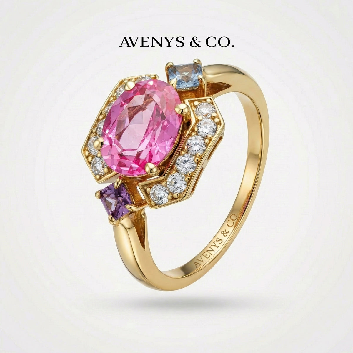 Octavia Halo Ring with Pink Oval Stone – on Yellow Gold