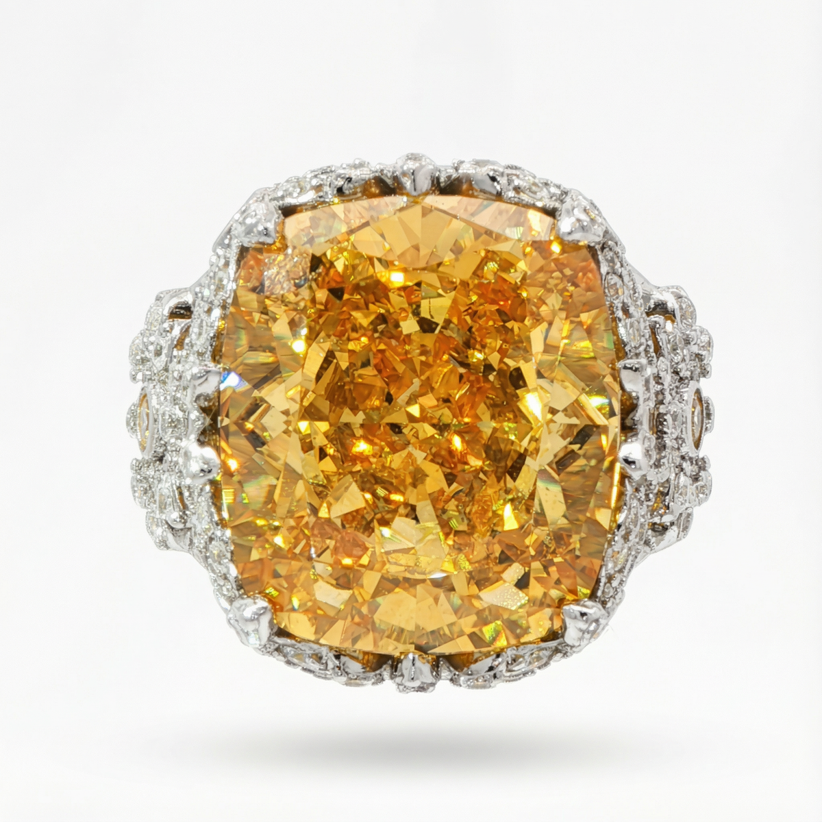 Crown Ring with Yellow Cushion Stone – on White Gold