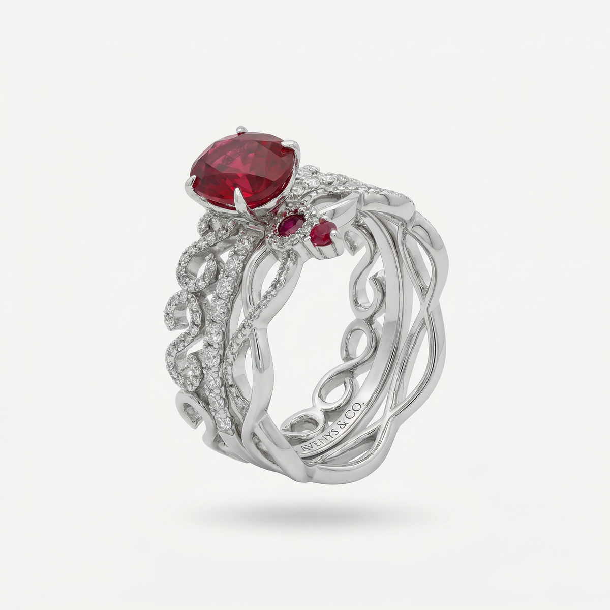 Triple Stacking Ring with Avenys Prestige Created Square Oval Pigeon Blood Ruby – on White Gold
